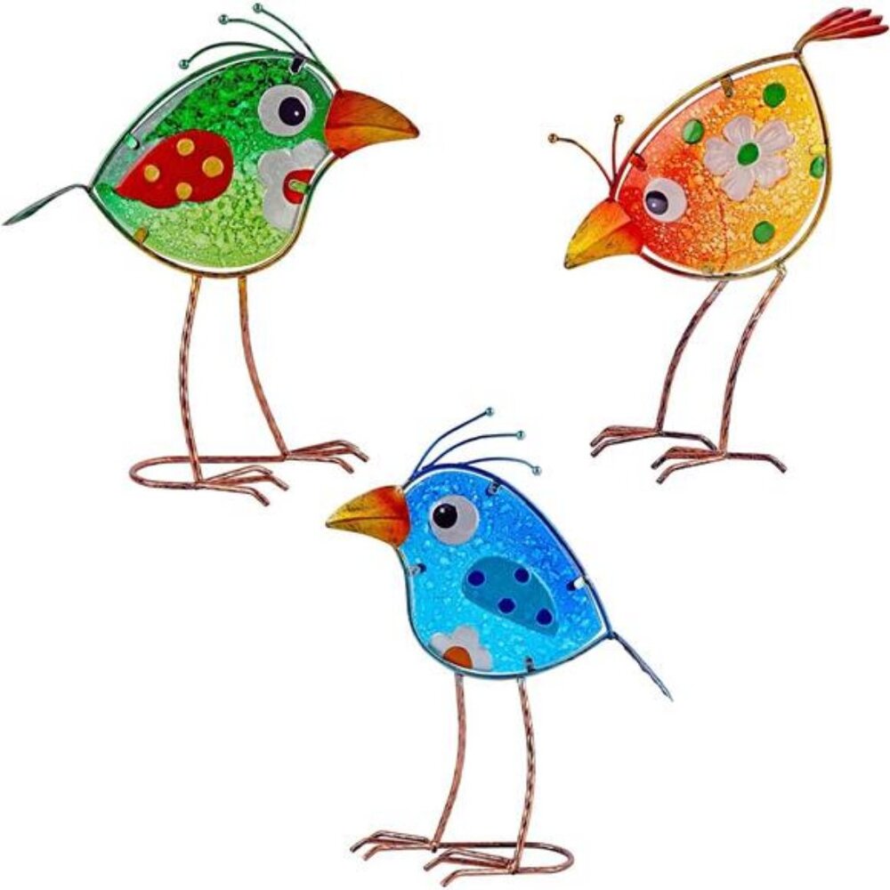 Garden Decor Outdoor Statue Decorations Metal Bird Glass Yard Art Décor - 3 PCS